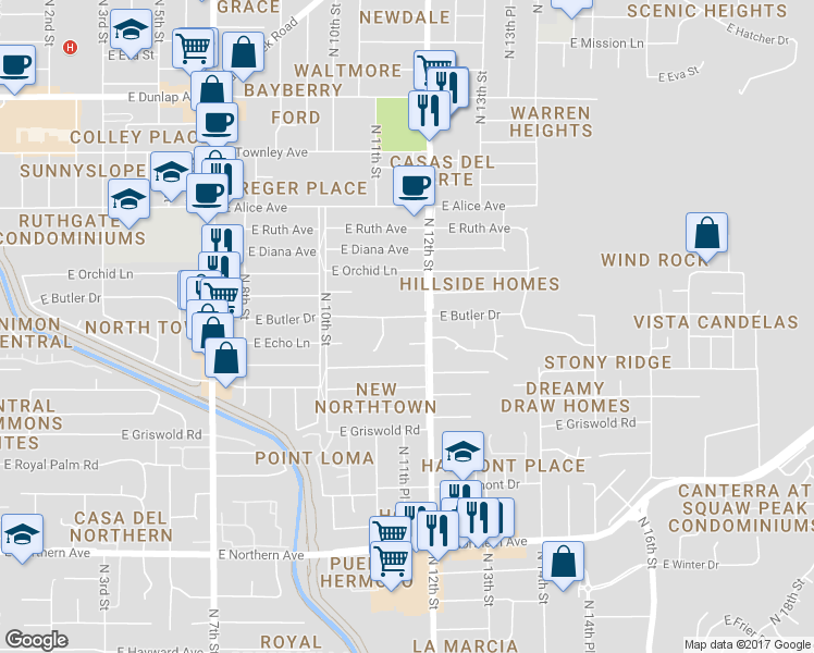 map of restaurants, bars, coffee shops, grocery stores, and more near 1133 East Echo Lane in Phoenix