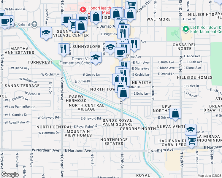 map of restaurants, bars, coffee shops, grocery stores, and more near 8327 North 6th Street in Phoenix