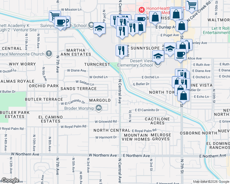 map of restaurants, bars, coffee shops, grocery stores, and more near 8424 North Central Avenue in Phoenix