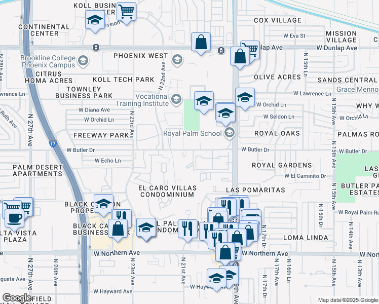 map of restaurants, bars, coffee shops, grocery stores, and more near 2041 West Butler Drive in Phoenix