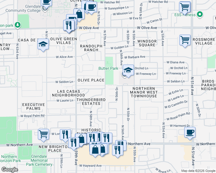 map of restaurants, bars, coffee shops, grocery stores, and more near 8413 North 57th Drive in Glendale