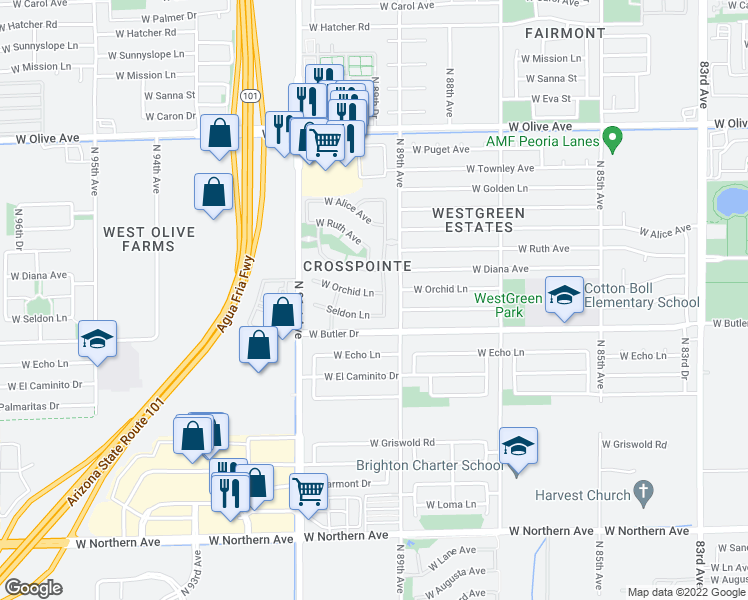 map of restaurants, bars, coffee shops, grocery stores, and more near 8963 Seldon Lane in Peoria