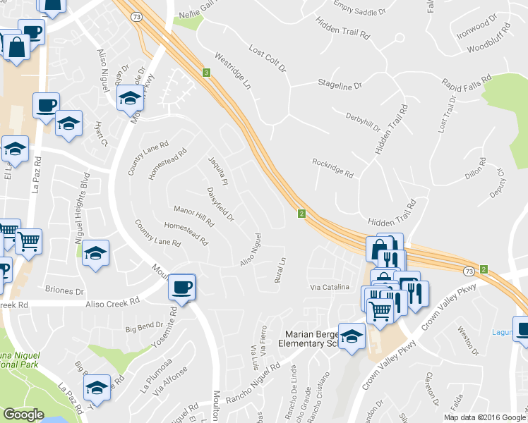 map of restaurants, bars, coffee shops, grocery stores, and more near 27721 Blossom Hill Road in Laguna Niguel