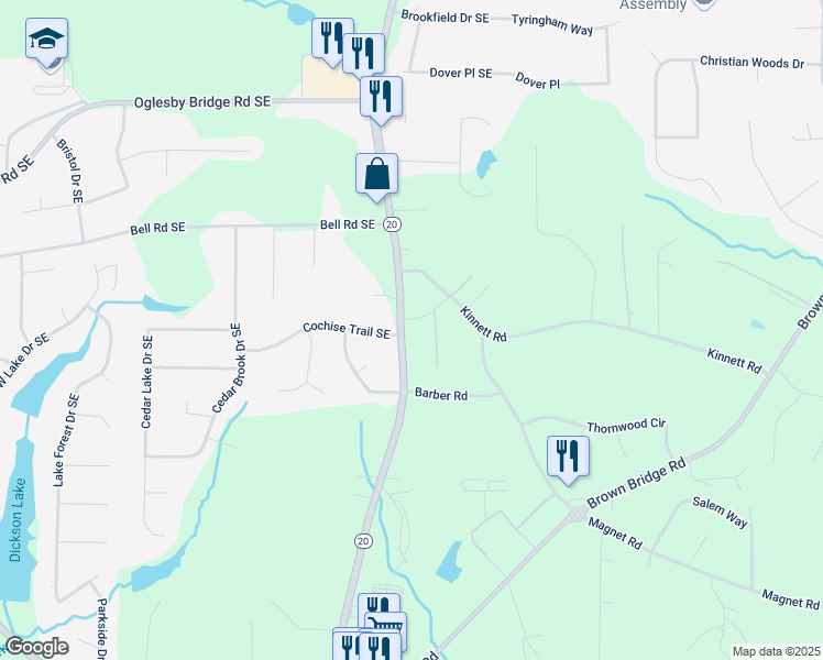 map of restaurants, bars, coffee shops, grocery stores, and more near 4824 Georgia 20 in Conyers