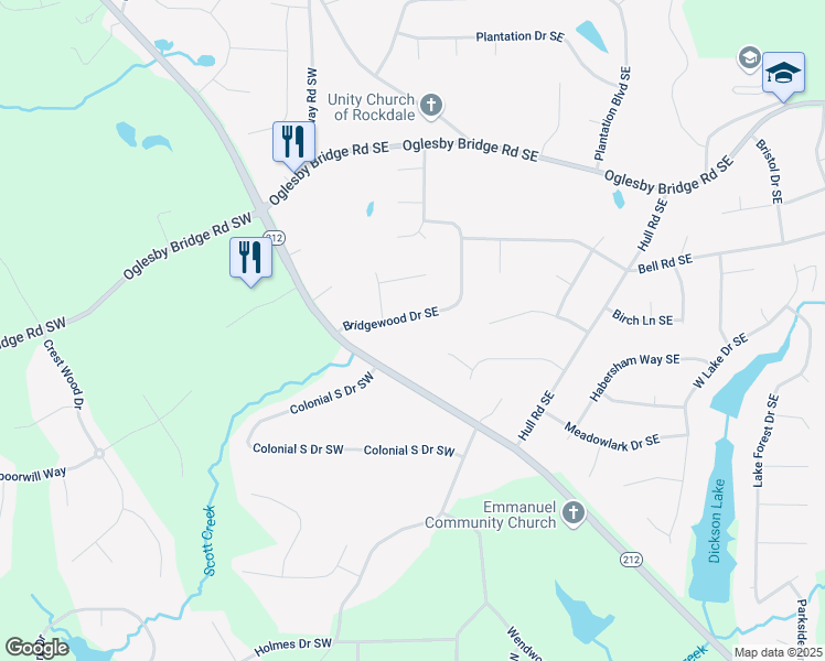 map of restaurants, bars, coffee shops, grocery stores, and more near 181 Bridgewood Drive Southeast in Conyers