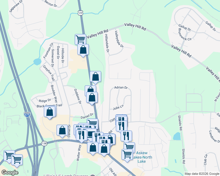 map of restaurants, bars, coffee shops, grocery stores, and more near 169 Adrian Drive in Stockbridge