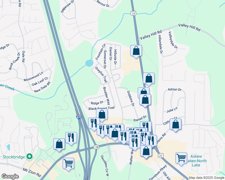 map of restaurants, bars, coffee shops, grocery stores, and more near 16 Daniel Drive in Stockbridge