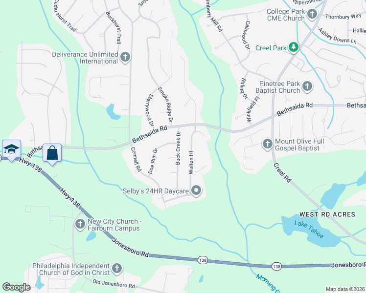 map of restaurants, bars, coffee shops, grocery stores, and more near 7225 Buck Creek Drive in Fairburn