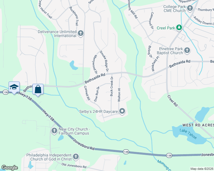 map of restaurants, bars, coffee shops, grocery stores, and more near 225 Doe Run Drive in Fairburn