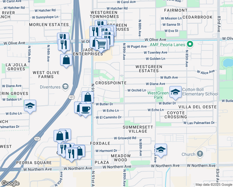 map of restaurants, bars, coffee shops, grocery stores, and more near 8963 Seldon Lane in Peoria