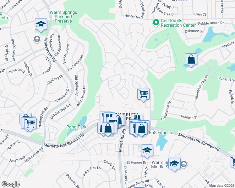 map of restaurants, bars, coffee shops, grocery stores, and more near 38625 Via Azul in Murrieta