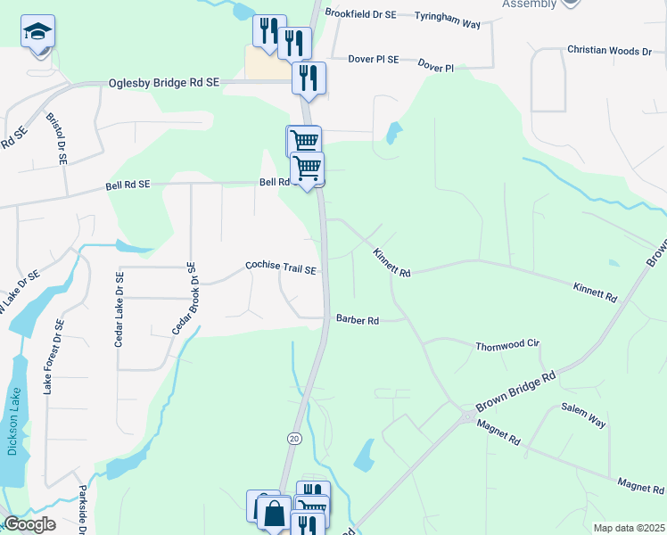 map of restaurants, bars, coffee shops, grocery stores, and more near 4824 Georgia 20 in Conyers