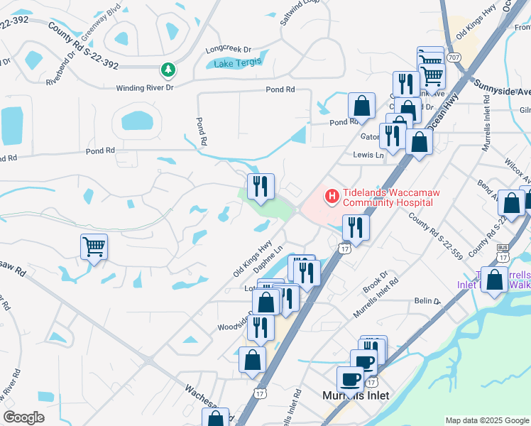 map of restaurants, bars, coffee shops, grocery stores, and more near 911 Riverwood Drive in Murrells Inlet