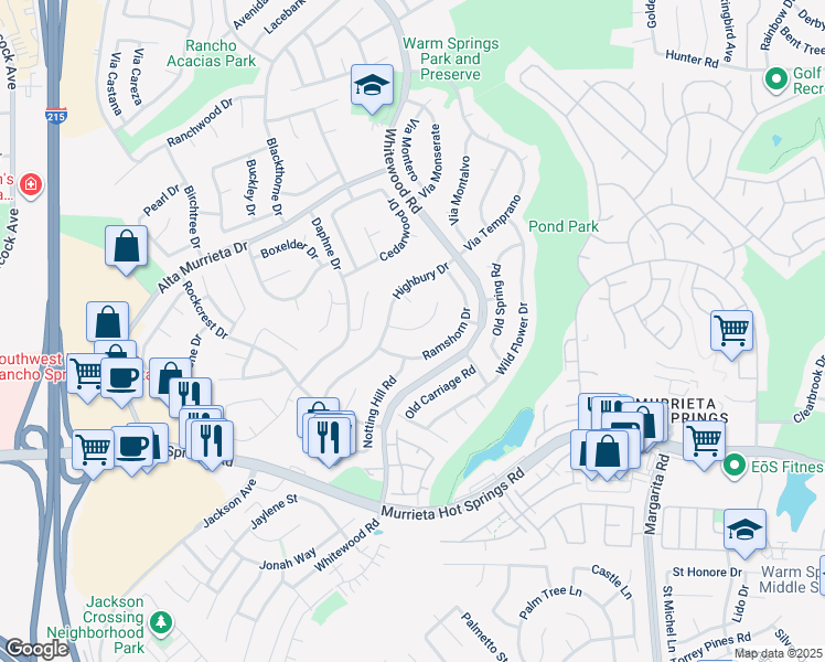 map of restaurants, bars, coffee shops, grocery stores, and more near Glenwood Court in Murrieta