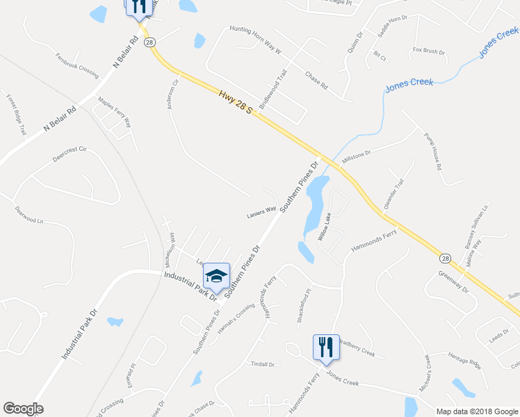 map of restaurants, bars, coffee shops, grocery stores, and more near 520 Laniers Way in Evans