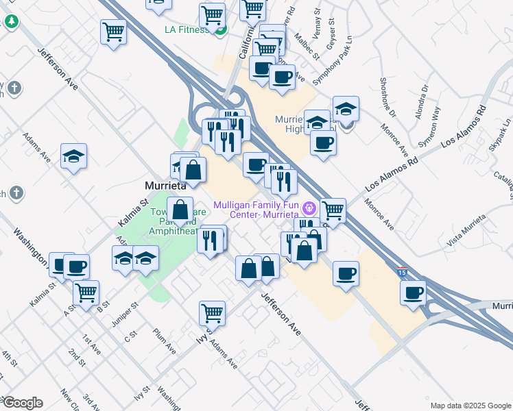map of restaurants, bars, coffee shops, grocery stores, and more near 24909 Madison Avenue in Murrieta