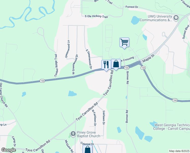 map of restaurants, bars, coffee shops, grocery stores, and more near 2420 Highway 166 in Carrollton