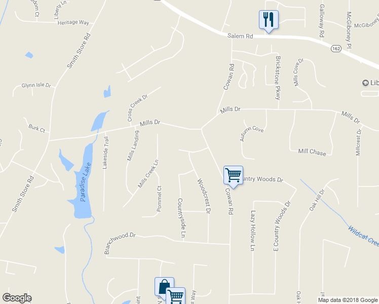 map of restaurants, bars, coffee shops, grocery stores, and more near 31 Country Woods Drive in Covington