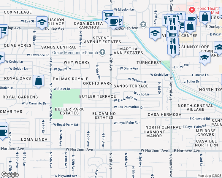 map of restaurants, bars, coffee shops, grocery stores, and more near N 7th Ave & W Butler Dr in Phoenix