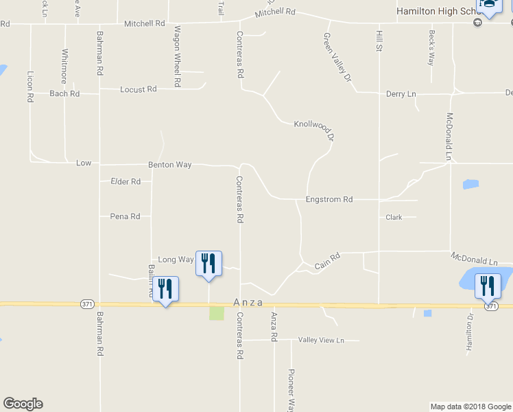 map of restaurants, bars, coffee shops, grocery stores, and more near 38500 Contreras Road in Anza