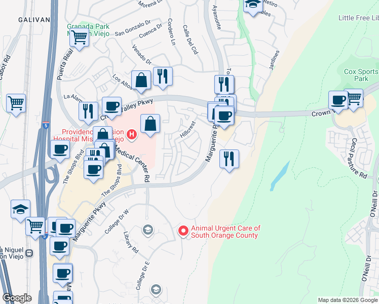 map of restaurants, bars, coffee shops, grocery stores, and more near 27696 Argyll in Mission Viejo