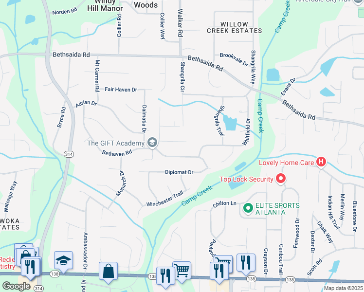 map of restaurants, bars, coffee shops, grocery stores, and more near 1429 Ester Court in Riverdale