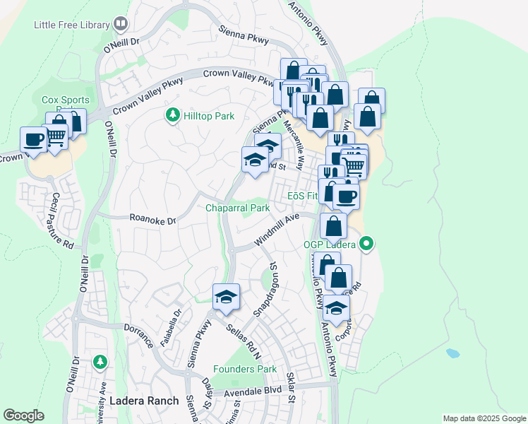 map of restaurants, bars, coffee shops, grocery stores, and more near 87 Three Vines Court in Ladera Ranch
