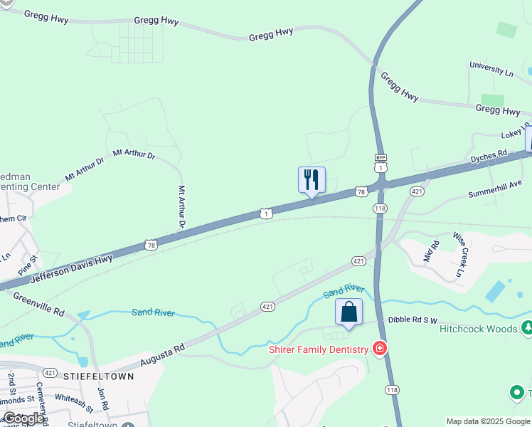 map of restaurants, bars, coffee shops, grocery stores, and more near 340 Jefferson Davis Highway in Graniteville