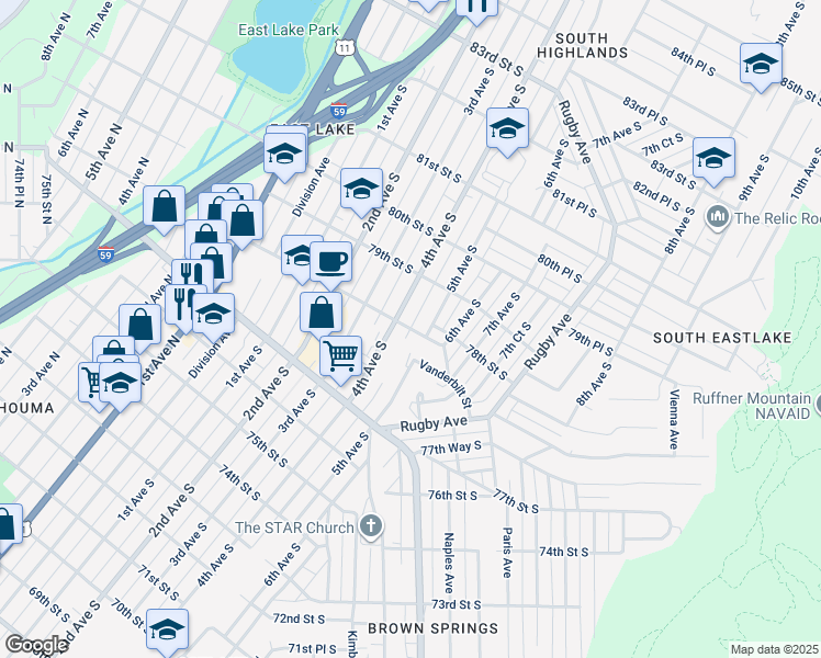 map of restaurants, bars, coffee shops, grocery stores, and more near 78th Street South in Birmingham
