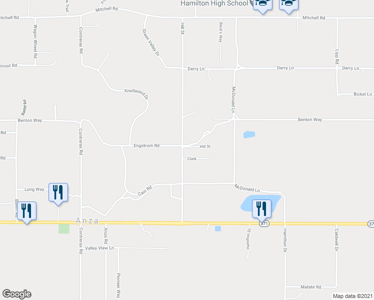 map of restaurants, bars, coffee shops, grocery stores, and more near 38680 Hill Street in Anza