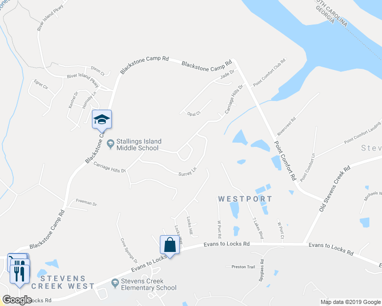 map of restaurants, bars, coffee shops, grocery stores, and more near Carriage Hills Circle in Augusta