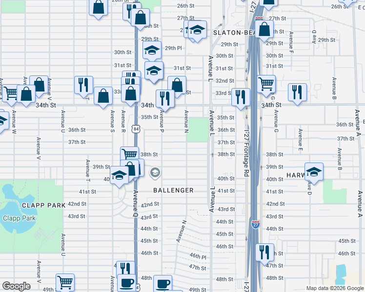 map of restaurants, bars, coffee shops, grocery stores, and more near 1506 37th St in Lubbock