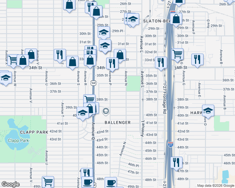 map of restaurants, bars, coffee shops, grocery stores, and more near 1506 37th St in Lubbock
