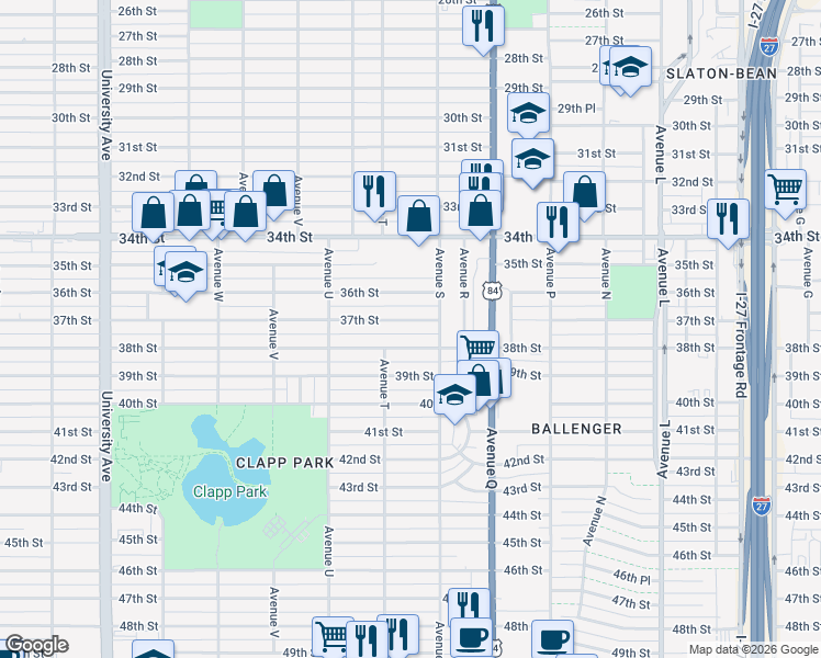 map of restaurants, bars, coffee shops, grocery stores, and more near 1916 37th Street in Lubbock