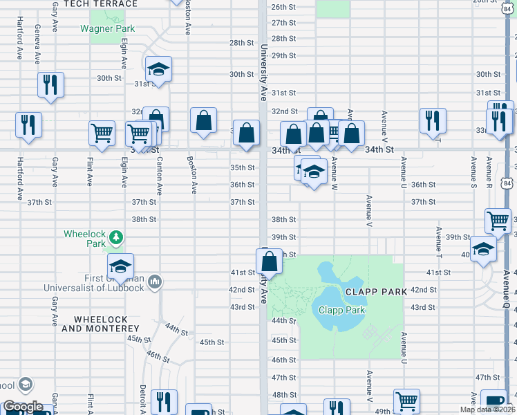 map of restaurants, bars, coffee shops, grocery stores, and more near 2504 37th Street in Lubbock