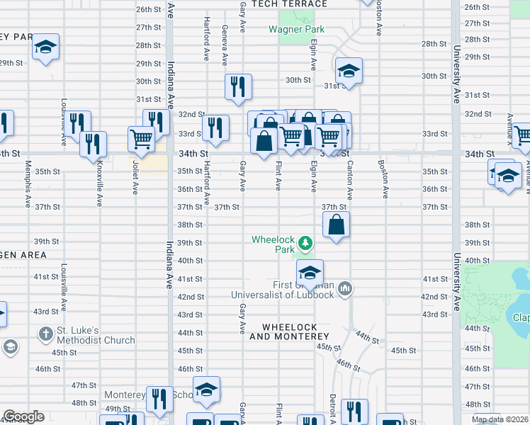 map of restaurants, bars, coffee shops, grocery stores, and more near 3102 37th Street in Lubbock