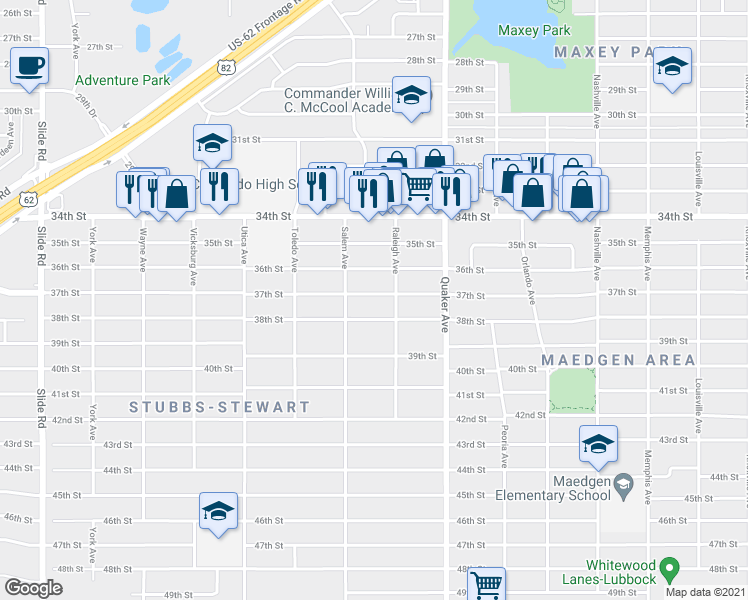 map of restaurants, bars, coffee shops, grocery stores, and more near 4511 36th Street in Lubbock