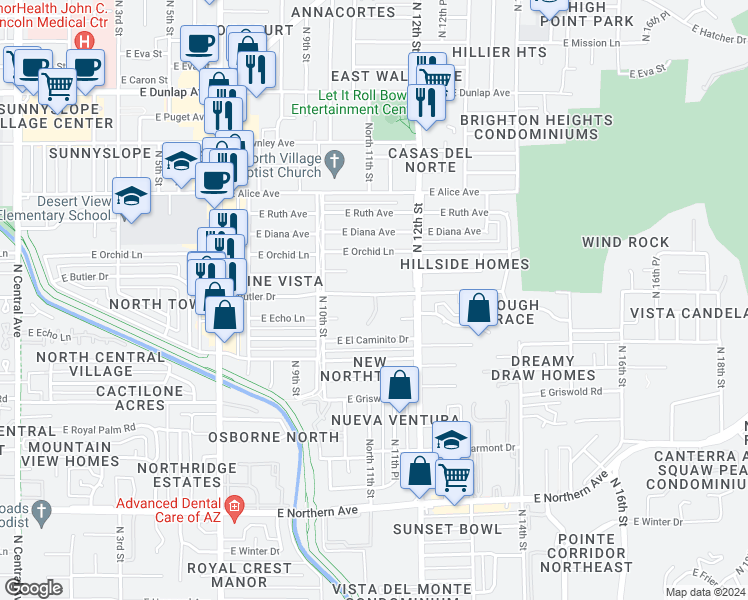 map of restaurants, bars, coffee shops, grocery stores, and more near 1036 East Butler Drive in Phoenix