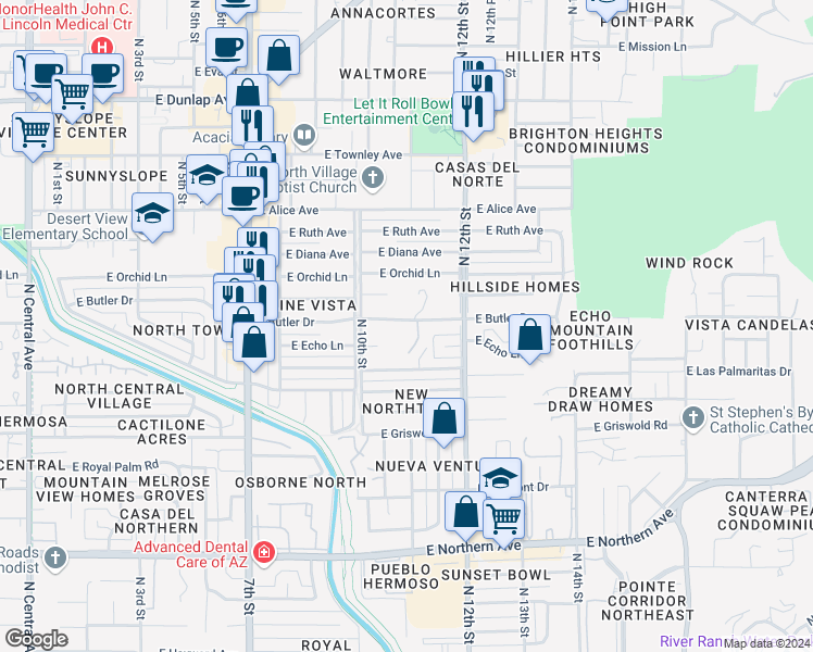 map of restaurants, bars, coffee shops, grocery stores, and more near 1036 East Butler Drive in Phoenix