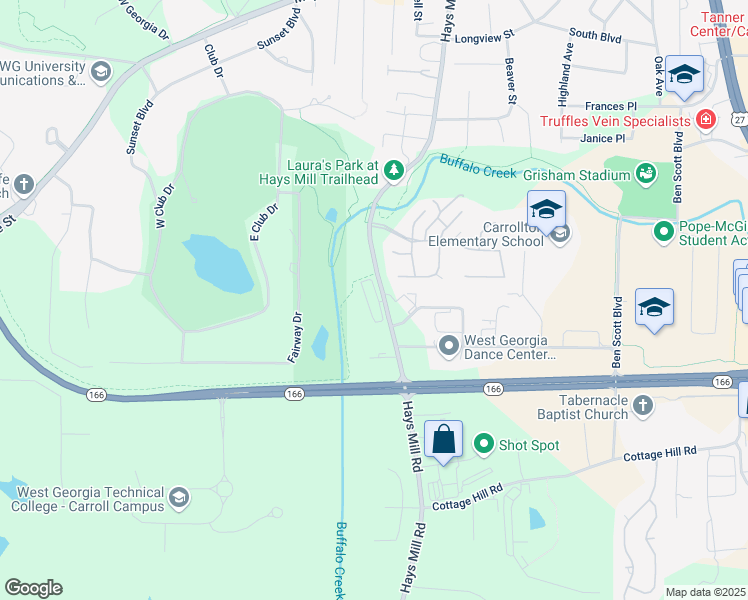 map of restaurants, bars, coffee shops, grocery stores, and more near 805 Hays Mill Road in Carrollton