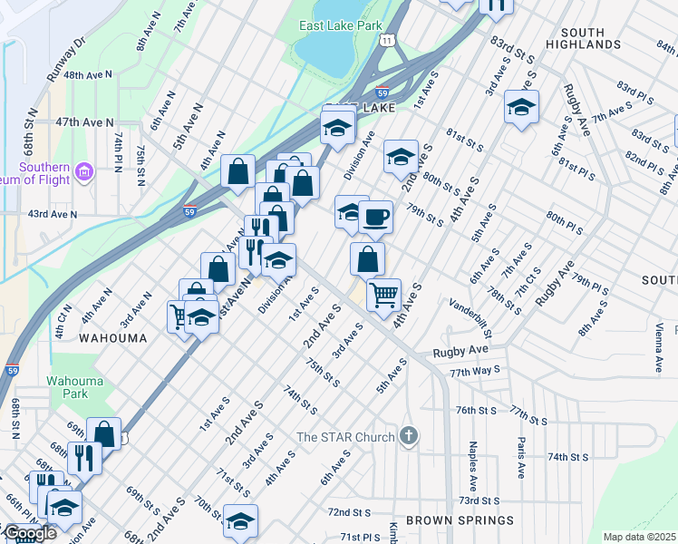 map of restaurants, bars, coffee shops, grocery stores, and more near 7739 1st Avenue South in Birmingham