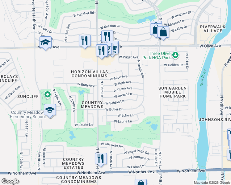 map of restaurants, bars, coffee shops, grocery stores, and more near 10539 West Ruth Avenue in Peoria
