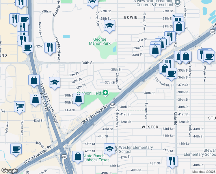 map of restaurants, bars, coffee shops, grocery stores, and more near 5514 37th Street in Lubbock