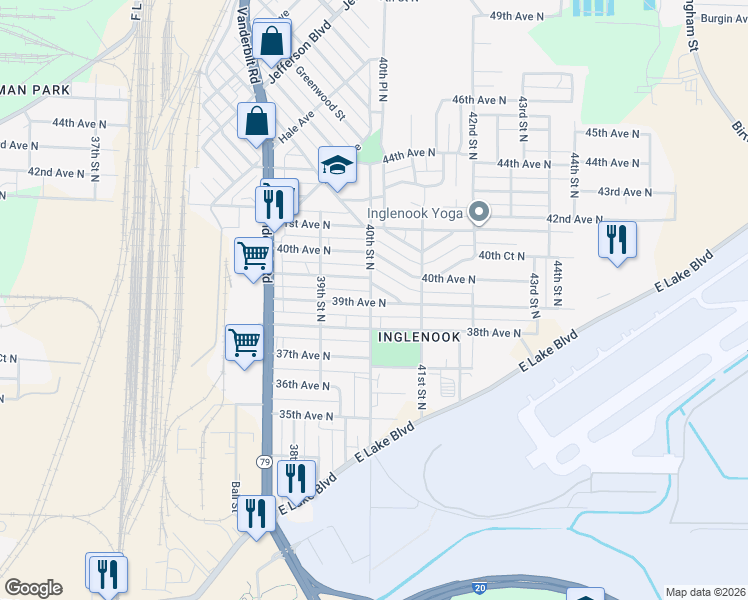 map of restaurants, bars, coffee shops, grocery stores, and more near 3901 40th Street North in Birmingham