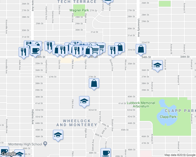 map of restaurants, bars, coffee shops, grocery stores, and more near 2801 37th Street in Lubbock