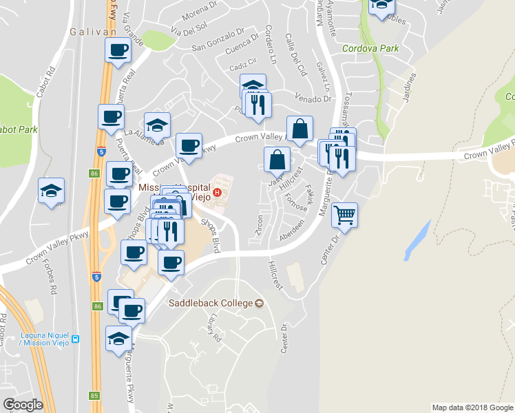map of restaurants, bars, coffee shops, grocery stores, and more near 26848 Alexandrite in Mission Viejo