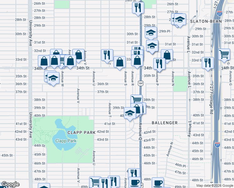 map of restaurants, bars, coffee shops, grocery stores, and more near 1916 37th Street in Lubbock