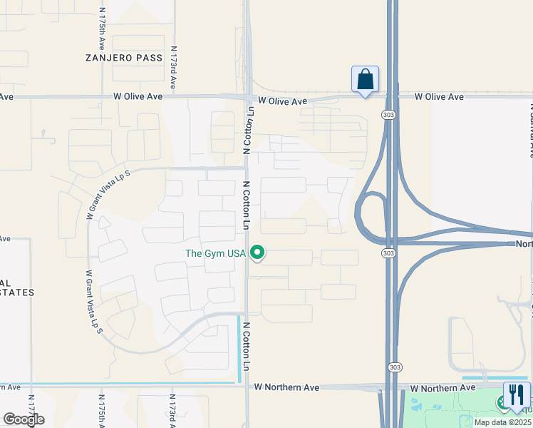 map of restaurants, bars, coffee shops, grocery stores, and more near 8599 North 171st Drive in Waddell