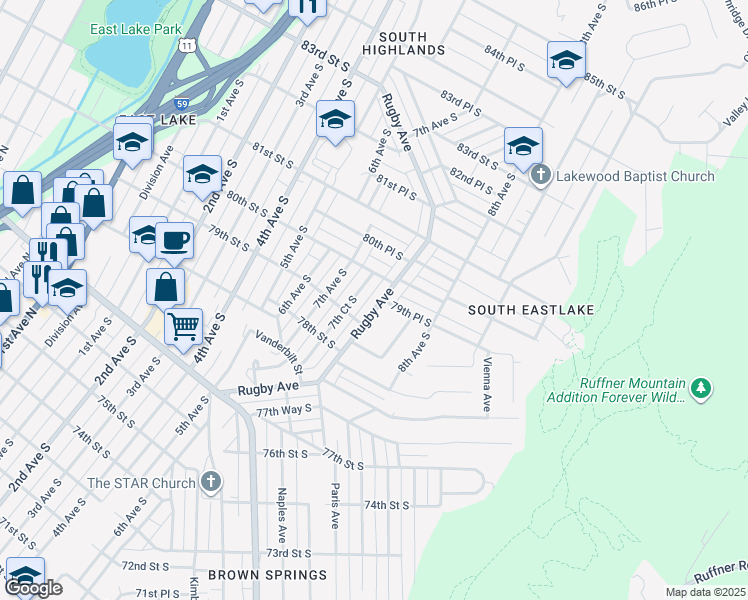 map of restaurants, bars, coffee shops, grocery stores, and more near 8000 Rugby Avenue in Birmingham