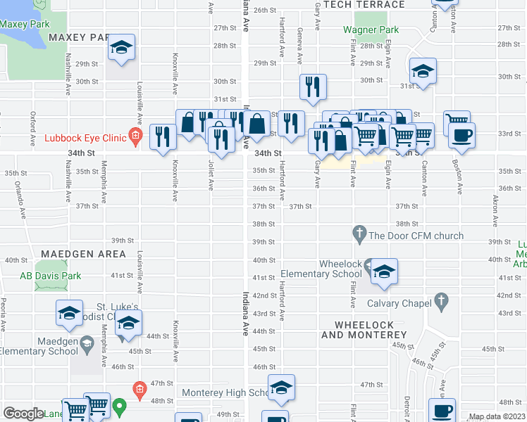 map of restaurants, bars, coffee shops, grocery stores, and more near 3311 37th Street in Lubbock